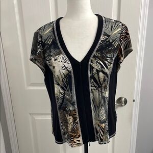 Joseph Ribkoff Top Black/Tan Jungle Print V Neck Cap Sleeve 2 Way Zipper Size 18